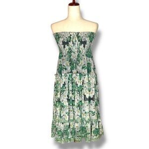 Lapis Green Floral Mesh Strapless Smocked 2 In 1 Midi Dress Size XLarge